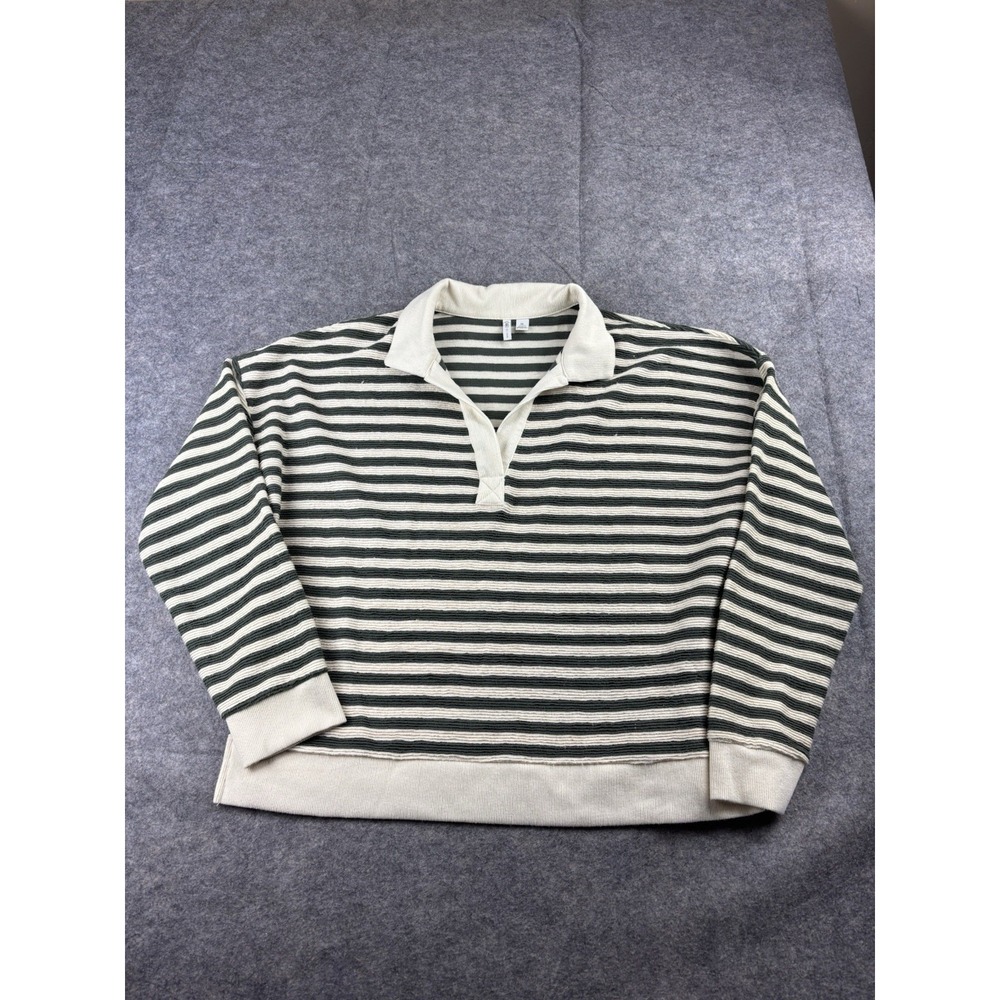 Cato Women's XL Ribbed Striped Green Cream Pullover Sweater Cozy Athleisure